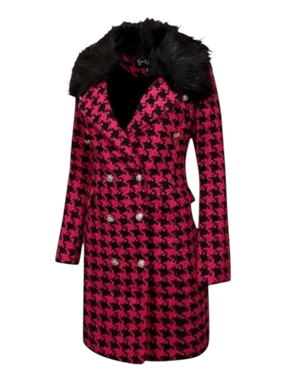 Jessica Simpson Fuchsia Houndstooth Peacoat Faux Fur Collar